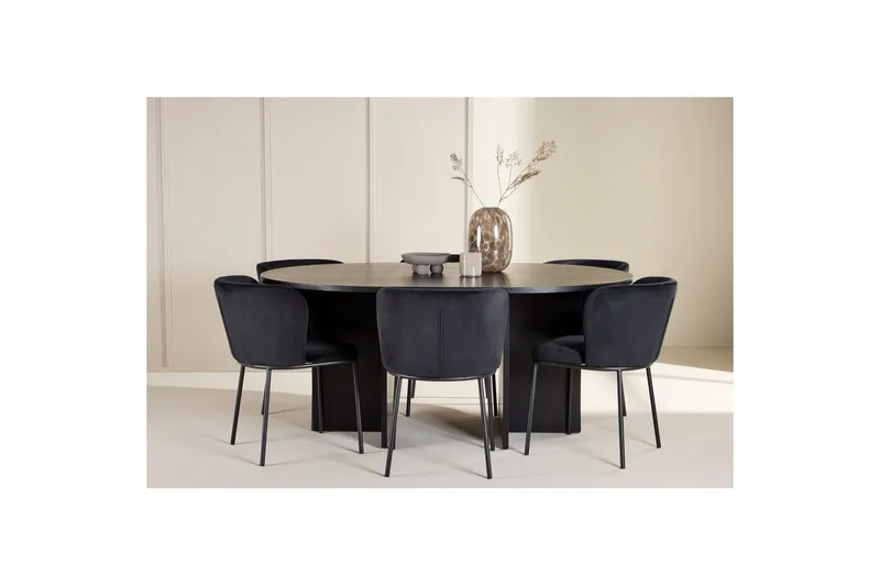 Spisegruppe Strada Rundt 120/170 cm Svart med Edina Stoler 6 stk, Svart - 6 stk, Svart - Møbler - Bord - Spisegrupper