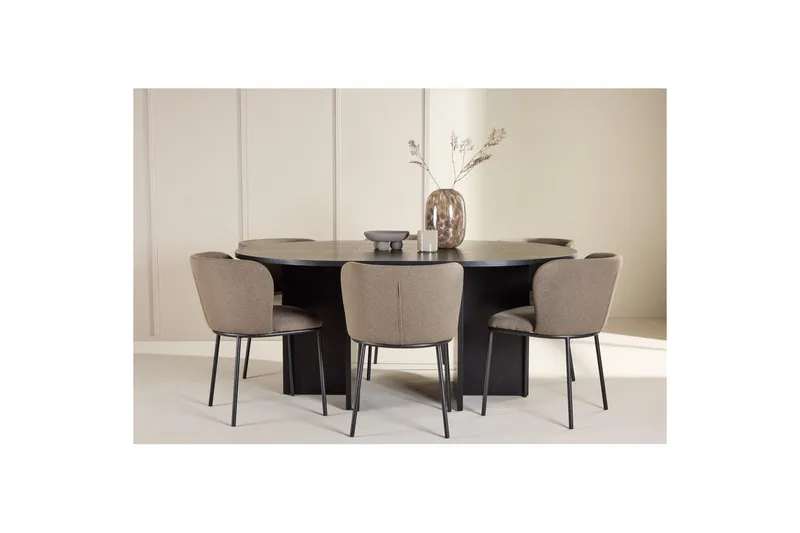 Spisegruppe Strada Rundt 120/170 cm Svart med Edina Stoler 6 stk, Svart / Brun - 6 stk, Svart / Brun - Møbler - Bord - Spisegrupper