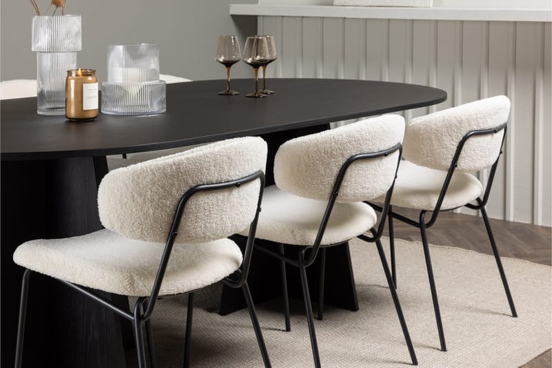 Spisegruppe Venture Home Bootcut ovalt spisebord – svart/svart finér + Chico spisestol – svart/hvit bouclé _6 Svart - Møbler - Bord - Spisegrupper
