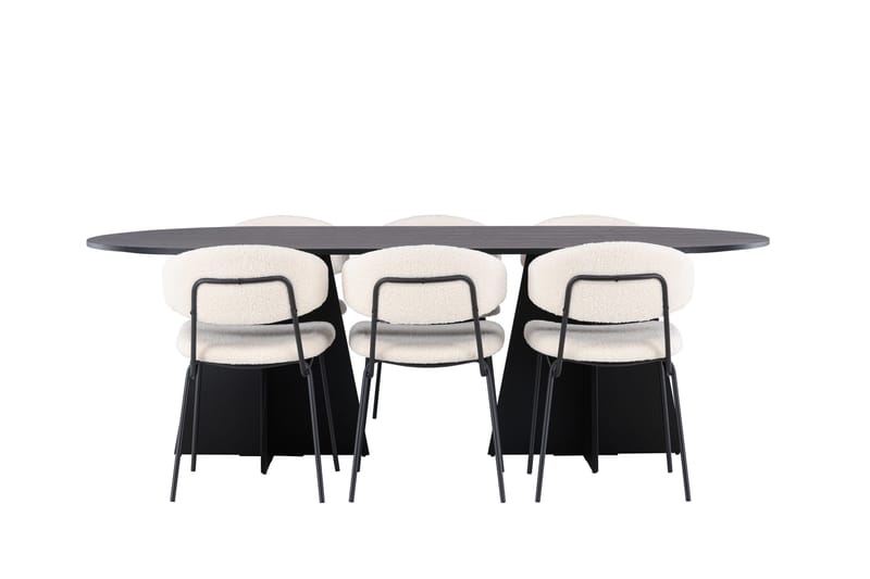 Spisegruppe Venture Home Bootcut ovalt spisebord – svart/svart finér + Chico spisestol – svart/hvit bouclé _6 Svart - Møbler - Bord - Spisegrupper