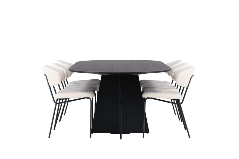 Spisegruppe Venture Home Bootcut ovalt spisebord – svart/svart finér + Chico spisestol – svart/hvit bouclé _6 Svart - Møbler - Bord - Spisegrupper