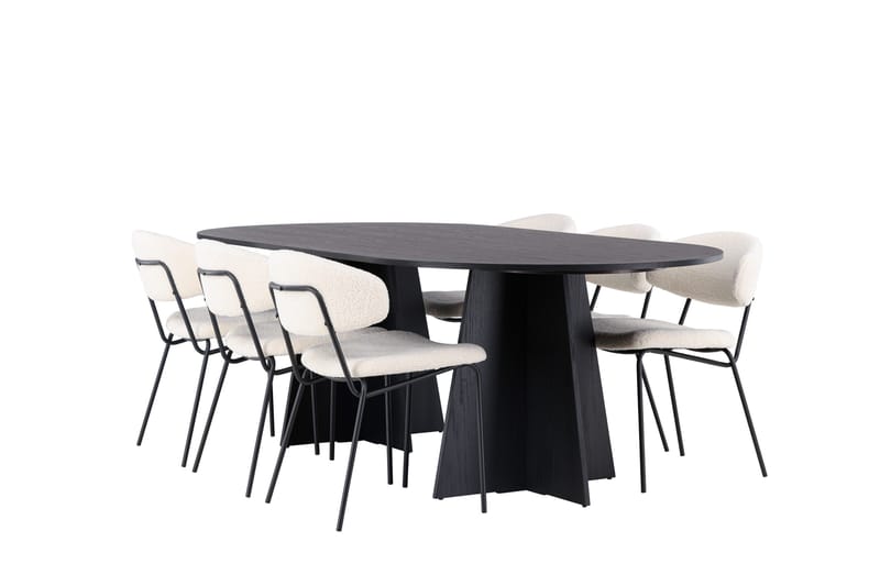 Spisegruppe Venture Home Bootcut ovalt spisebord – svart/svart finér + Chico spisestol – svart/hvit bouclé _6 Svart - Møbler - Bord - Spisegrupper