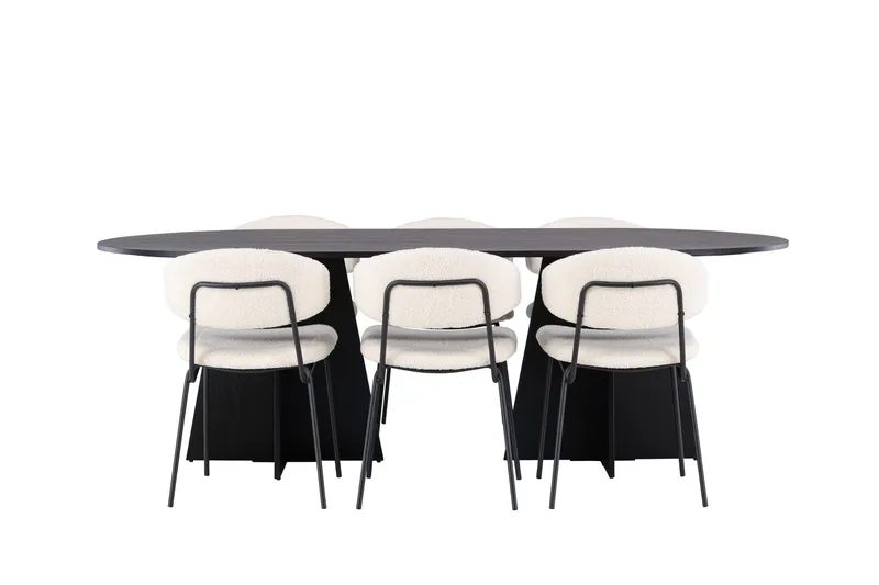 Spisegruppe Venture Home Bootcut ovalt spisebord – svart/svart finér + Chico spisestol – svart/hvit bouclé _6 Svart, undefined