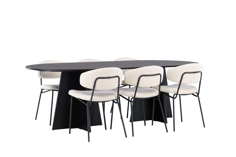 Spisegruppe Venture Home Bootcut ovalt spisebord – svart/svart finér + Chico spisestol – svart/hvit bouclé _6 Svart - Møbler - Bord - Spisegrupper