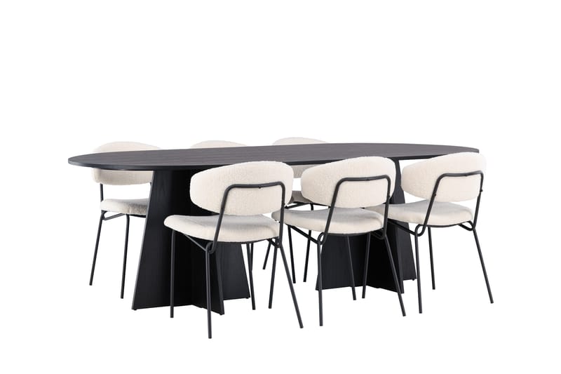 Spisegruppe Venture Home Bootcut ovalt spisebord – svart/svart finér + Chico spisestol – svart/hvit bouclé _6 Svart - Møbler - Bord - Spisegrupper