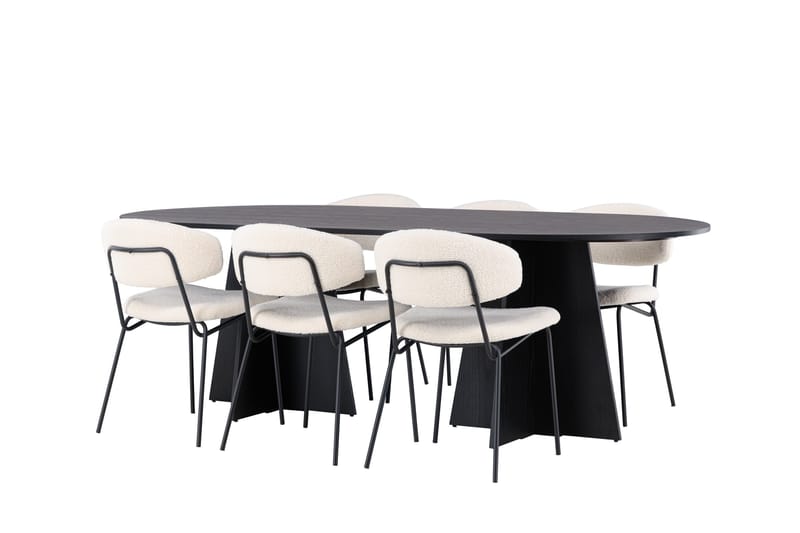Spisegruppe Venture Home Bootcut ovalt spisebord – svart/svart finér + Chico spisestol – svart/hvit bouclé _6 Svart - Møbler - Bord - Spisegrupper