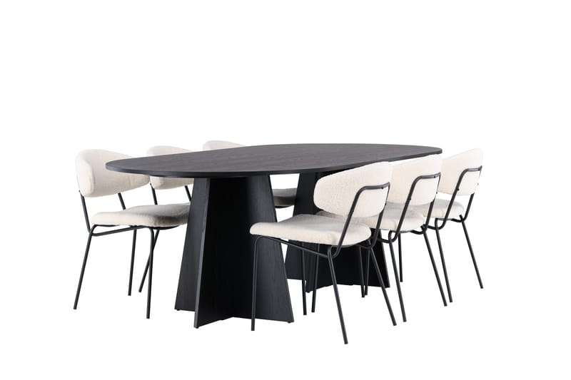 Spisegruppe Venture Home Bootcut ovalt spisebord – svart/svart finér + Chico spisestol – svart/hvit bouclé _6 Svart - Møbler - Bord - Spisegrupper