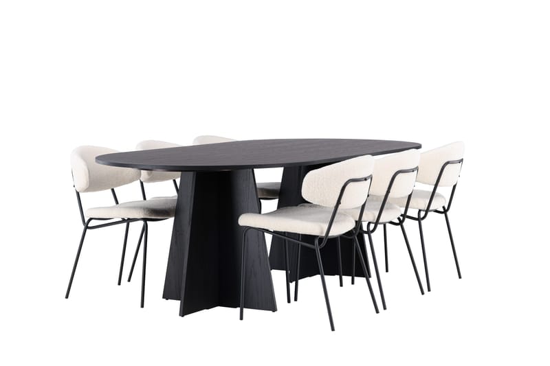 Spisegruppe Venture Home Bootcut ovalt spisebord – svart/svart finér + Chico spisestol – svart/hvit bouclé _6 Svart - Møbler - Bord - Spisegrupper