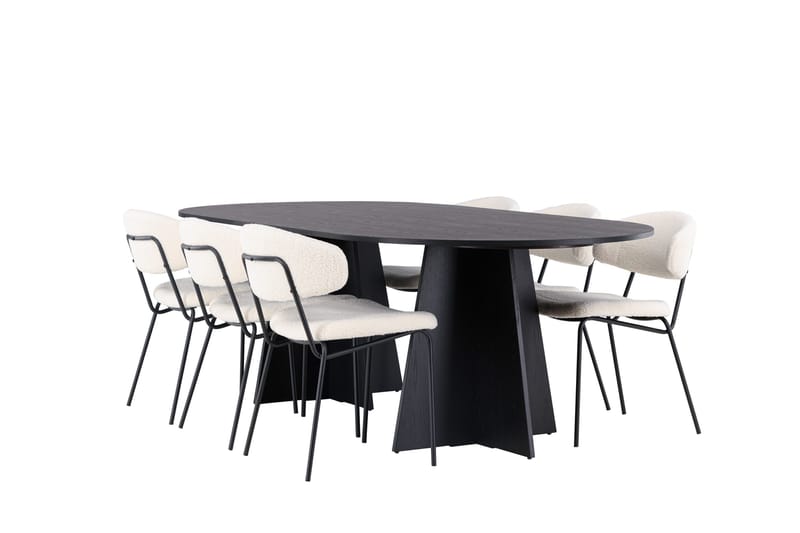 Spisegruppe Venture Home Bootcut ovalt spisebord – svart/svart finér + Chico spisestol – svart/hvit bouclé _6 Svart - Møbler - Bord - Spisegrupper