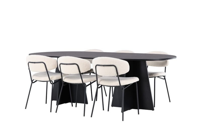 Spisegruppe Venture Home Bootcut ovalt spisebord – svart/svart finér + Chico spisestol – svart/hvit bouclé _6 Svart - Møbler - Bord - Spisegrupper