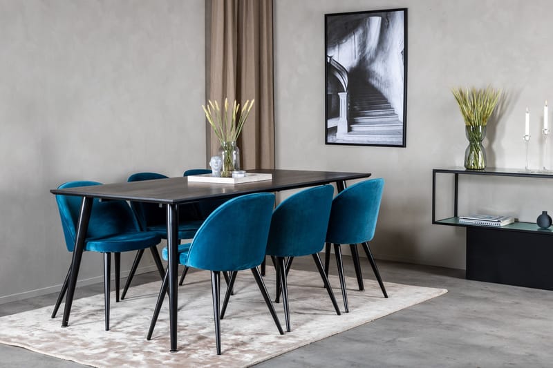 Spisegruppe Venture Home Dipp spisegruppe 180 cm rektangulær med 6 Velvet-stoler Svart/blå - Møbler - Bord - Spisegrupper