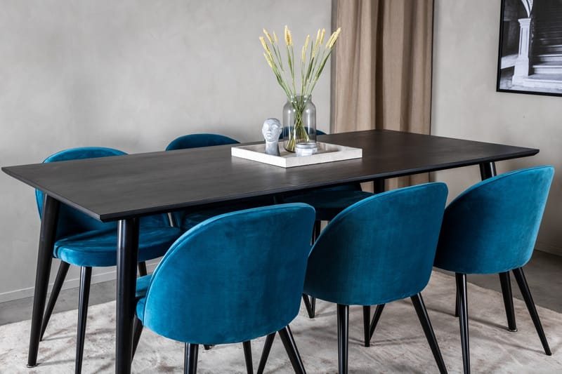 Spisegruppe Venture Home Dipp spisegruppe 180 cm rektangulær med 6 Velvet-stoler Svart/blå - Møbler - Bord - Spisegrupper
