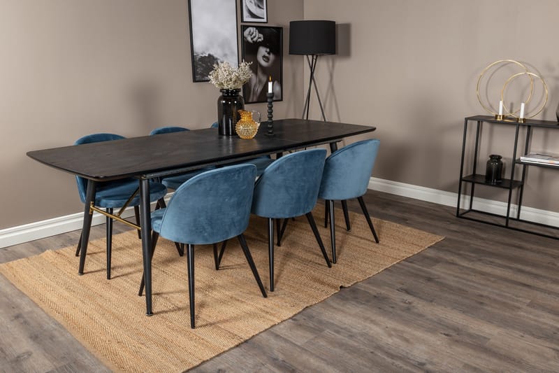 Spisegruppe Venture Home Gold spisegruppe uttrekkbar 180–220 cm rektangulær med 6 Velvet-stoler Svart/blå - Møbler - Bord - Spisegrupper