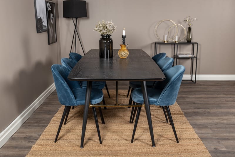 Spisegruppe Venture Home Gold spisegruppe uttrekkbar 180–220 cm rektangulær med 6 Velvet-stoler Svart/blå - Møbler - Bord - Spisegrupper
