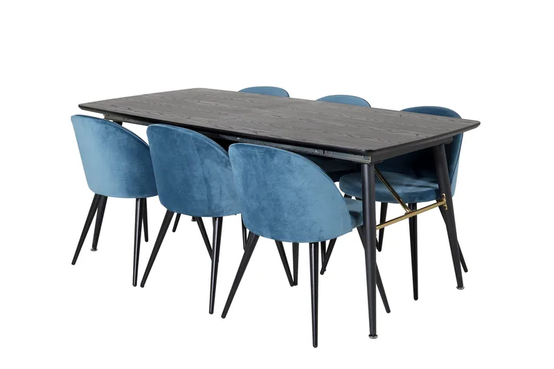 Spisegruppe Venture Home Gold spisegruppe uttrekkbar 180–220 cm rektangulær med 6 Velvet-stoler Svart/blå - Møbler - Bord - Spisegrupper