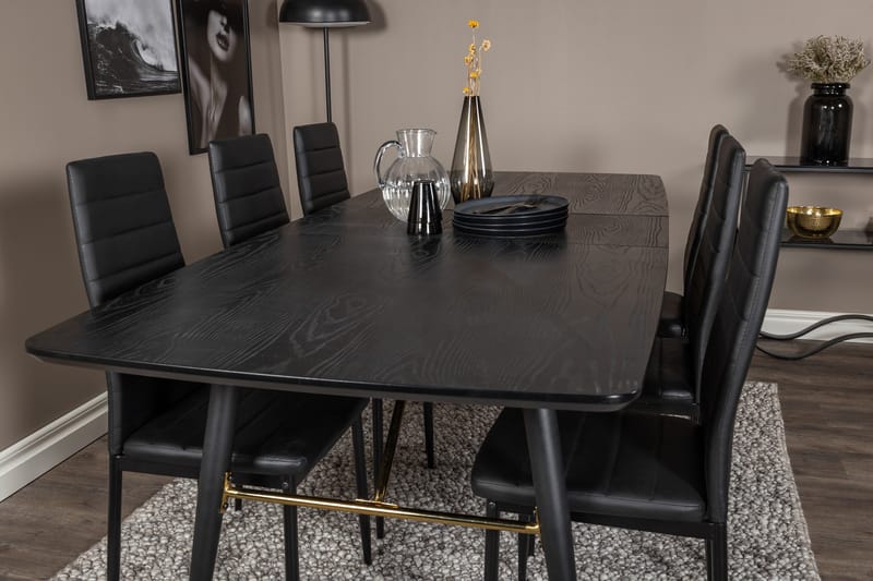 Spisegruppe Venture Home Irunea spisegruppe uttrekkbar 180–220 cm rektangulær med 6 Zovese-stoler Svart/GULL - Møbler - Bord - Spisegrupper