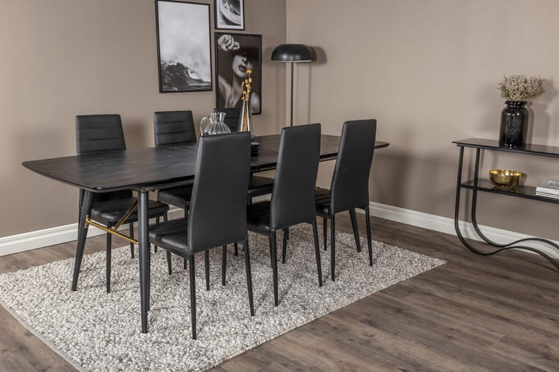 Spisegruppe Venture Home Irunea spisegruppe uttrekkbar 180–220 cm rektangulær med 6 Zovese-stoler Svart/GULL - Møbler - Bord - Spisegrupper
