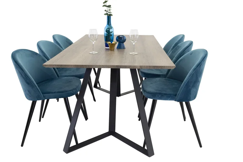 Spisegruppe Venture Home Marina spisegruppe 180 cm rektangulær med 6 Velvet-stoler Svart/blå/Grå, undefined