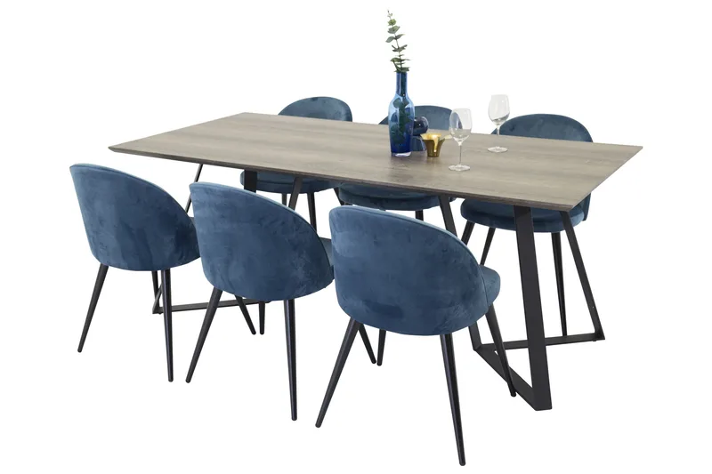 Spisegruppe Venture Home Marina spisegruppe 180 cm rektangulær med 6 Velvet-stoler Svart/blå/Grå - Møbler - Bord - Spisegrupper