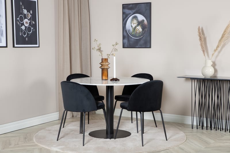 Admira Spisegruppe 106 cm Rund inkl. 4 Foyos Stoler - Marmor/Hvit/Svart - Møbler - Bord - Spisegrupper