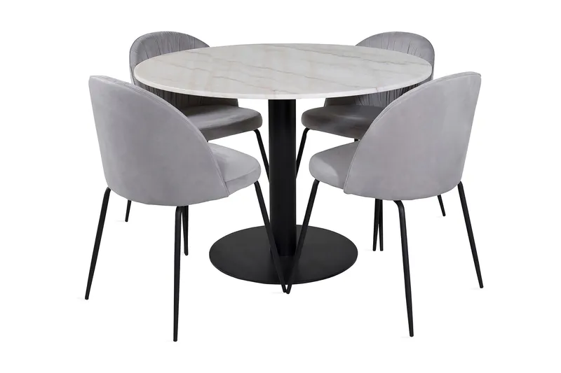 Admira Spisegruppe 106 cm Rundt Marmor inkl. 4 Foyos Stoler, Hvit/Svart/Grå