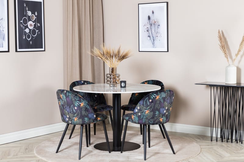 Admira Spisegruppe 106 cm Rundt Marmor inkl. 4 Sedavi Stoler - Hvit/Svart/Blå - Møbler - Bord - Spisegrupper