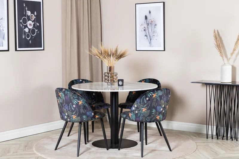 Admira Spisegruppe 106 cm Rundt Marmor inkl. 4 Sedavi Stoler - Hvit/Svart/Blå - Møbler - Bord - Spisegrupper