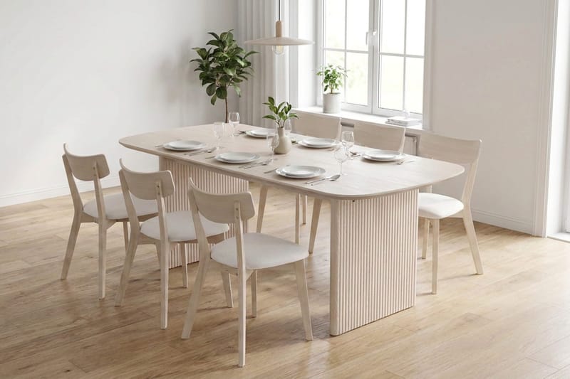 Alma spisegruppe 180 cm rektangulær hvitlasert med 6 Amelia spisestoler med pute - Hvitlasert/beige - Møbler - Bord - Spisegrupper