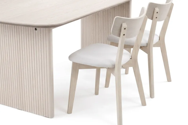 Alma spisegruppe 180 cm rektangulær hvitlasert med 6 Amelia spisestoler med pute, Hvitlasert/beige