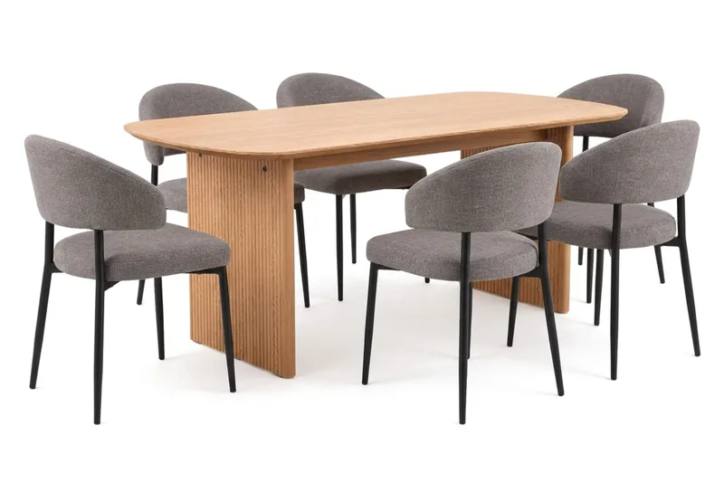 Alma spisegruppe rektangulær 180 cm eik med 6 Sawako spisestoler, Eik
