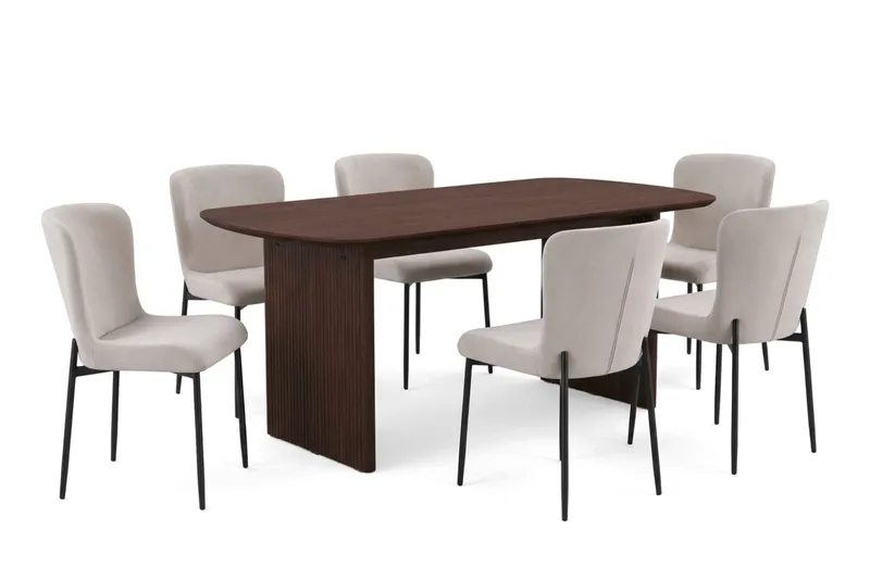 Alma spisegruppe rektangulær 180 cm røkt eik med 6 Elsie spisestoler, Røkt eik/beige