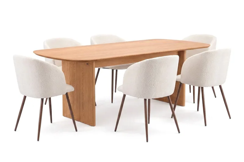 Alma spisegruppe rektangulær 220 cm eik med 6 Greya spisestoler, Eik