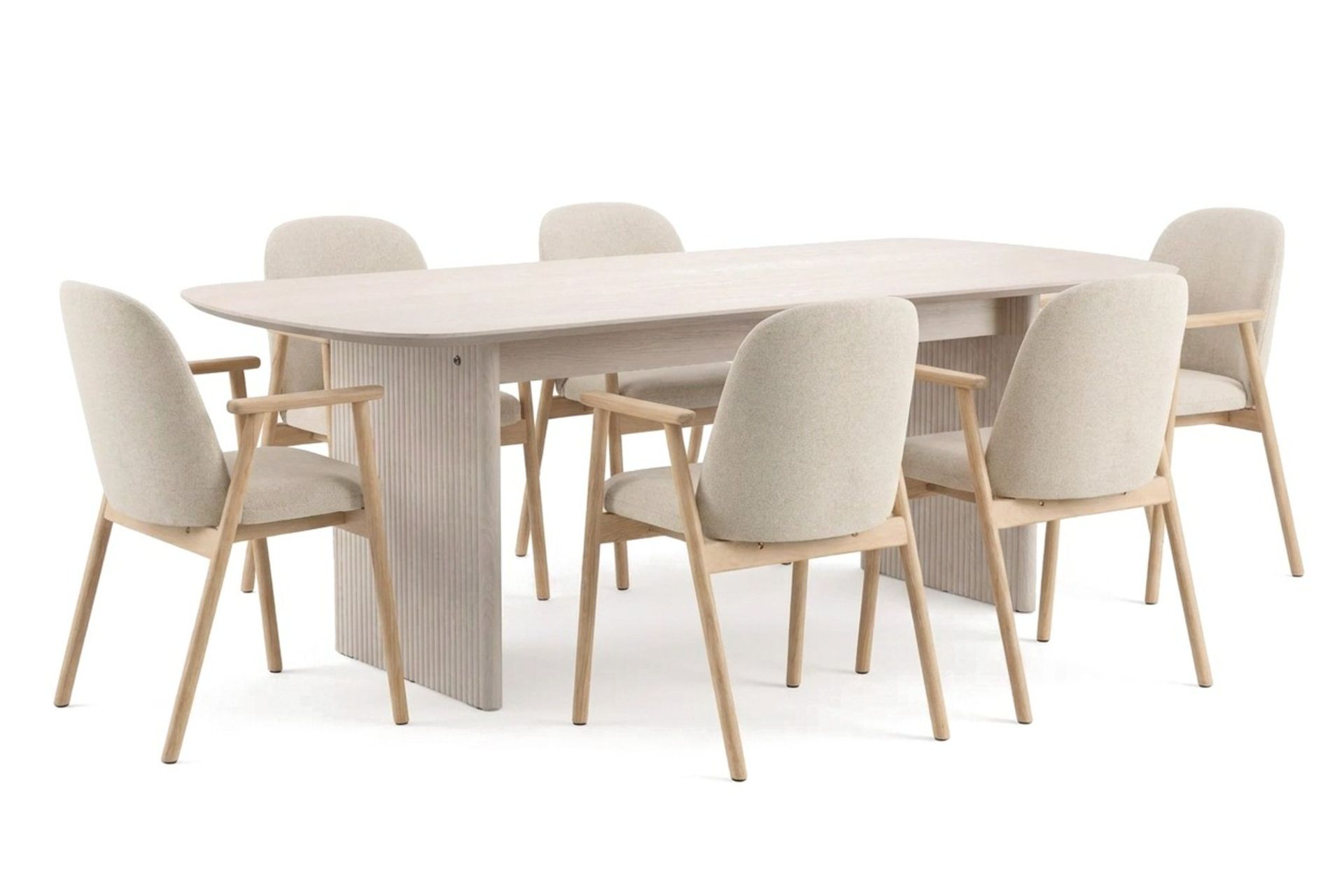 Alma spisegruppe rektangulær 220 cm hvitlasert med 6 Reciclar spisestoler - Hvitbeiset eik