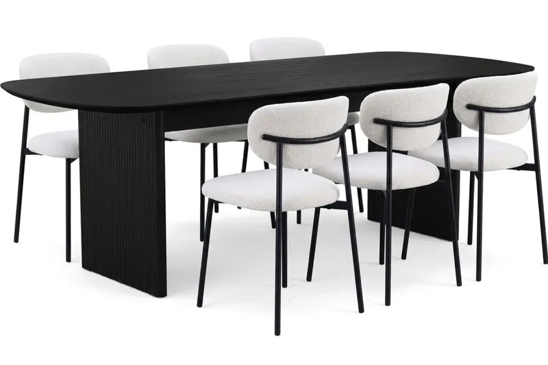 Alma spisegruppe rektangulær 220 cm svart med 6 Lucy spisestoler, Svartbeiset eik