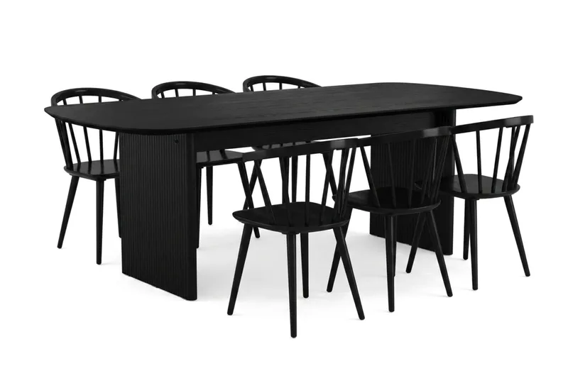 Alma spisegruppe rektangulær 220 cm svart med 6 Tyrö spisestoler, Svart
