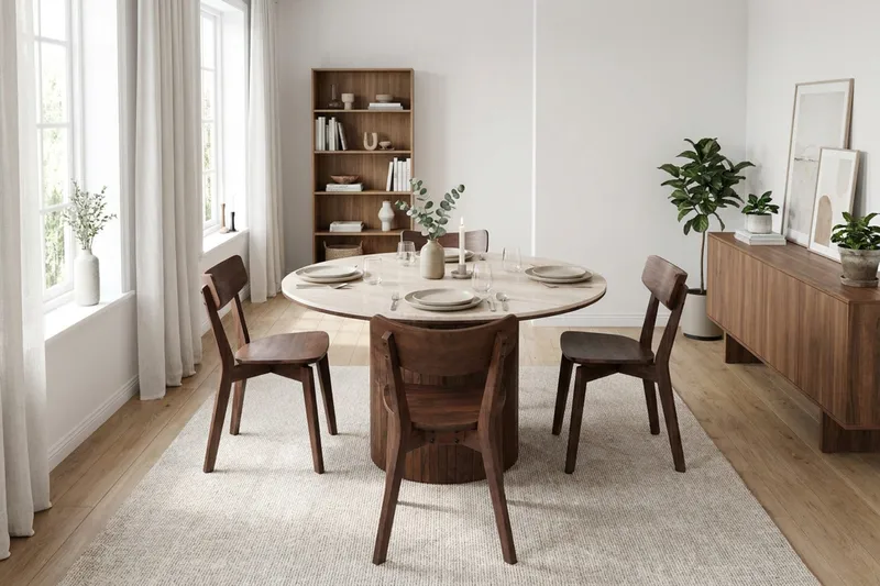 Arvo spisegruppe rund 120 cm valnøtt med 4 Amelia spisestoler - Valnøtt - Møbler - Bord - Spisegrupper