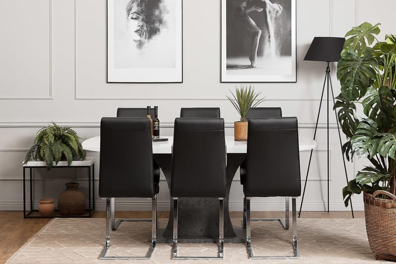 Azusa Spisegruppe 140 cm med 6 Sorado Stoler - Hvit/Betong/Svart - Møbler - Bord - Spisegrupper