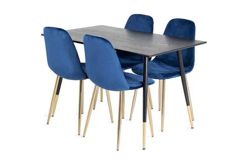 Balisa Spisegruppe 120 cm inkl. 4 Valeri Fløyelsstoler, Svart/Blå/Messing