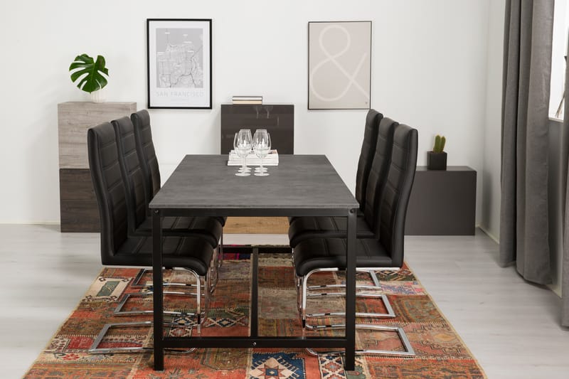 Bettina Spisegruppe 180x90 cm - 6 stk Cibus Stoler Svart PU/Krom - Møbler - Bord - Spisegrupper