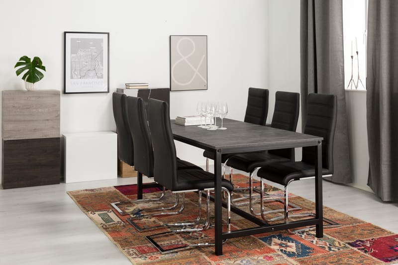 Bettina Spisegruppe 180x90 cm - 6 stk Cibus Stoler Svart PU/Krom - Møbler - Bord - Spisegrupper