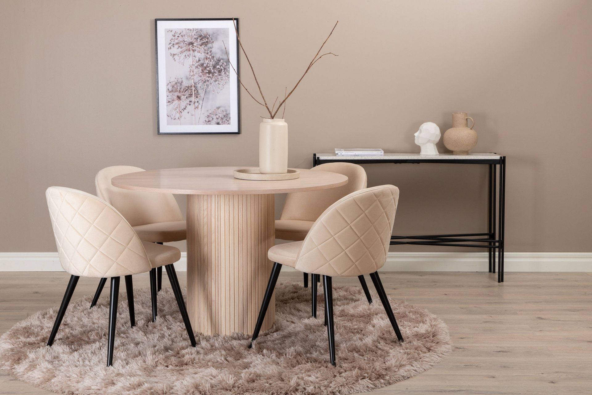 Biana Spisegruppe 100 cm Rund inkl. 4 Velvets Stoler - Beige/Svart