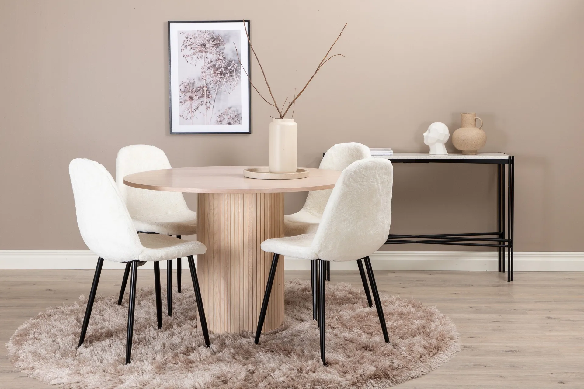 Biana Spisegruppe 100 cm Rund inkl. 4 Pontus Stoler - Beige/Hvit/Svart