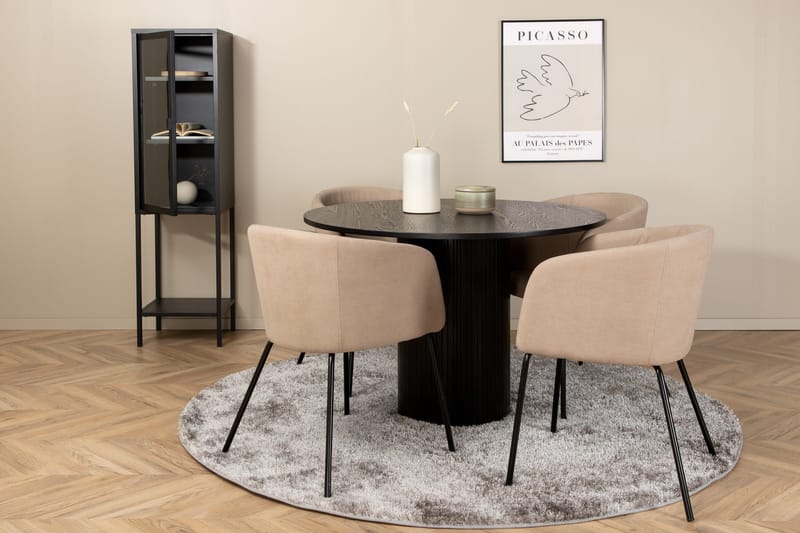 Biana Spisegruppe 110 cm Rund inkl. 4 Berita Stoler, Svart/Beige