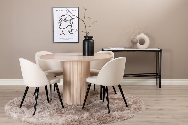 Biana Spisegruppe 110 cm Rund inkl. 4 Valera Cordfløyelstole - Beige/Svart - Spisegrupper