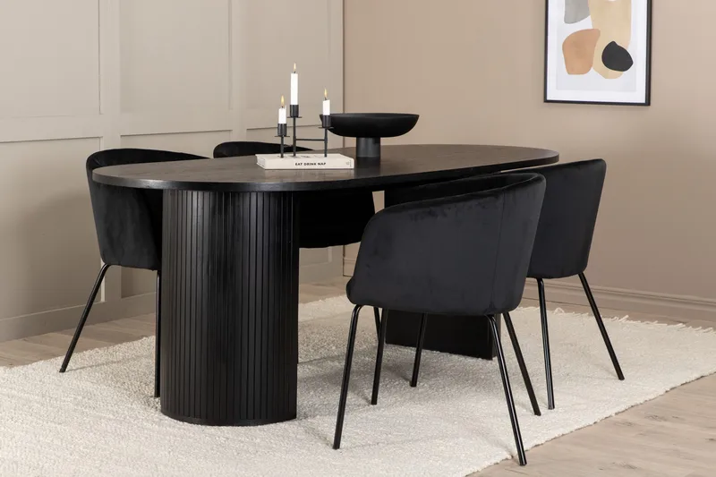Biana Spisegruppe 200 cm Oval inkl. 4 Berita Fløyelsstoler, Svart