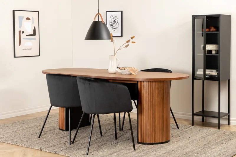 Biana Spisegruppe 200 cm Oval inkl. 4 Berita Fløyelsstoler, Valnøttbrun/Svart