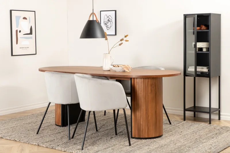 Biana Spisegruppe 200 cm Oval inkl. 4 Berita Fløyelsstoler, Valnøttbrun/Svart/Grå