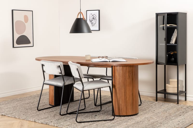 Biana Spisegruppe 200 cm Oval inkl. 4 Kenth Fløyelsstoler, Valnøttbrun/Lysegrå