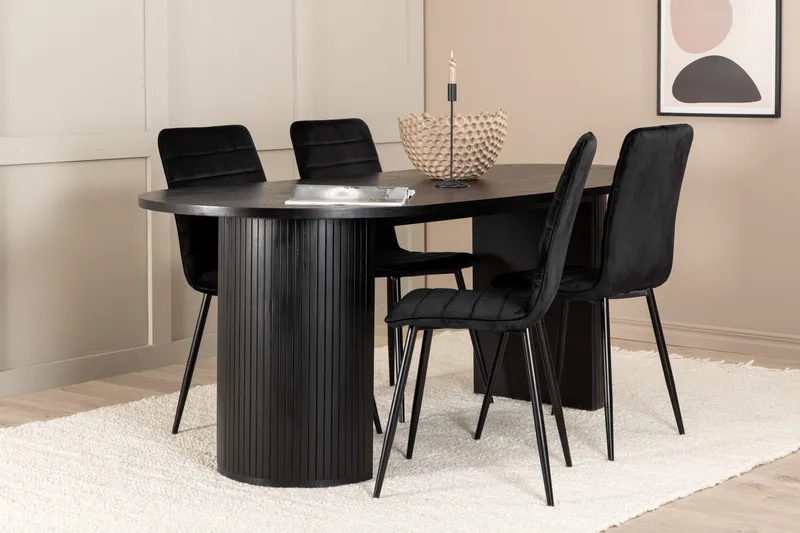 Biana Spisegruppe 200 cm Oval inkl. 4 Robin Fløyelsstoler, Svart