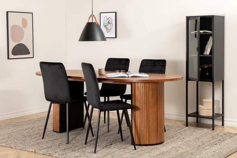 Biana Spisegruppe 200 cm Oval inkl. 4 Robin Fløyelsstoler, Valnøttbrun/Svart